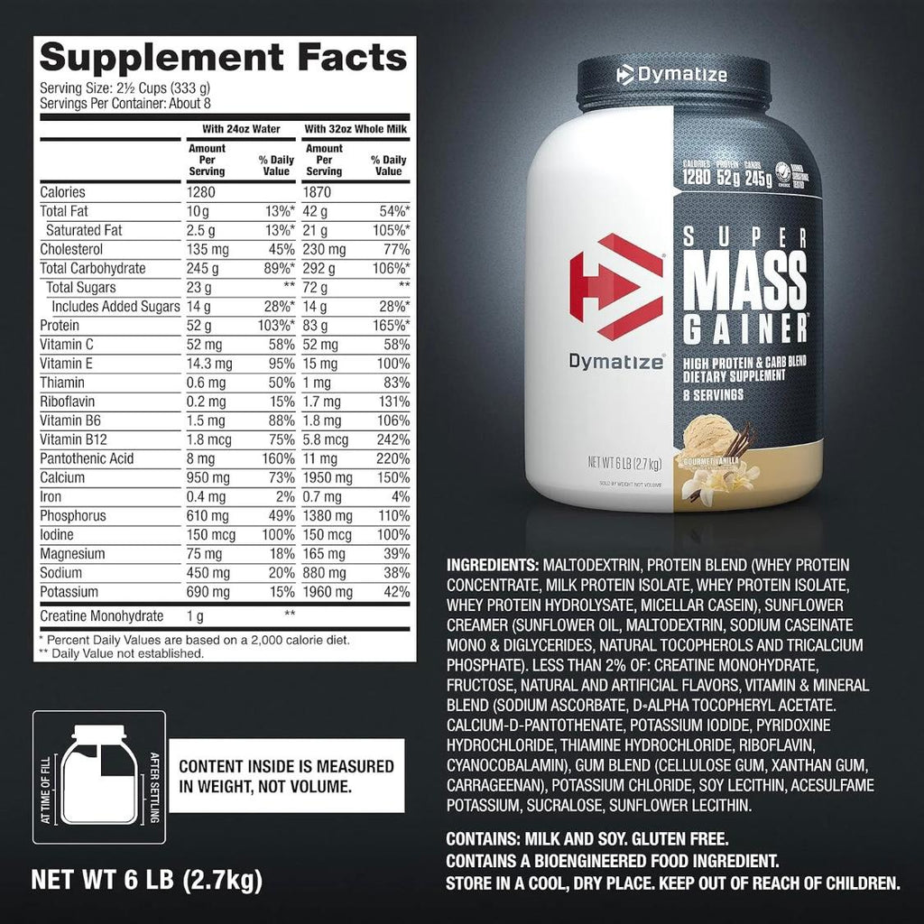 Super Mass Gainer – 1280 Calories, 52g Protein, Gourmet Vanilla (8 Servings)