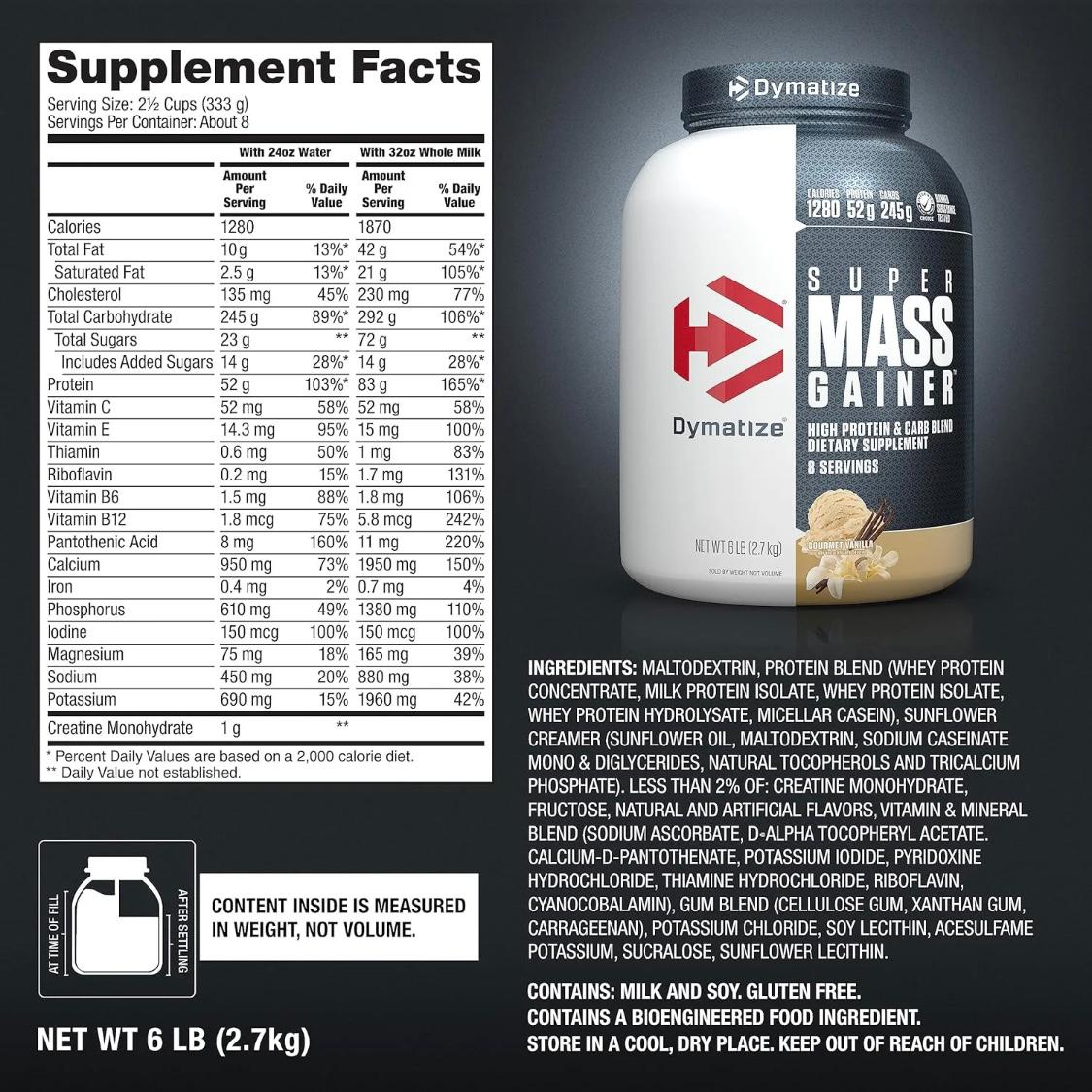 Super Mass Gainer – 1280 Calories, 52g Protein, Gourmet Vanilla (8 Servings)