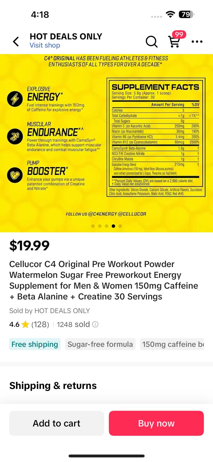 Cellucor C4 Original Pre-Workout – Watermelon, 150mg Caffeine (30 Servings)