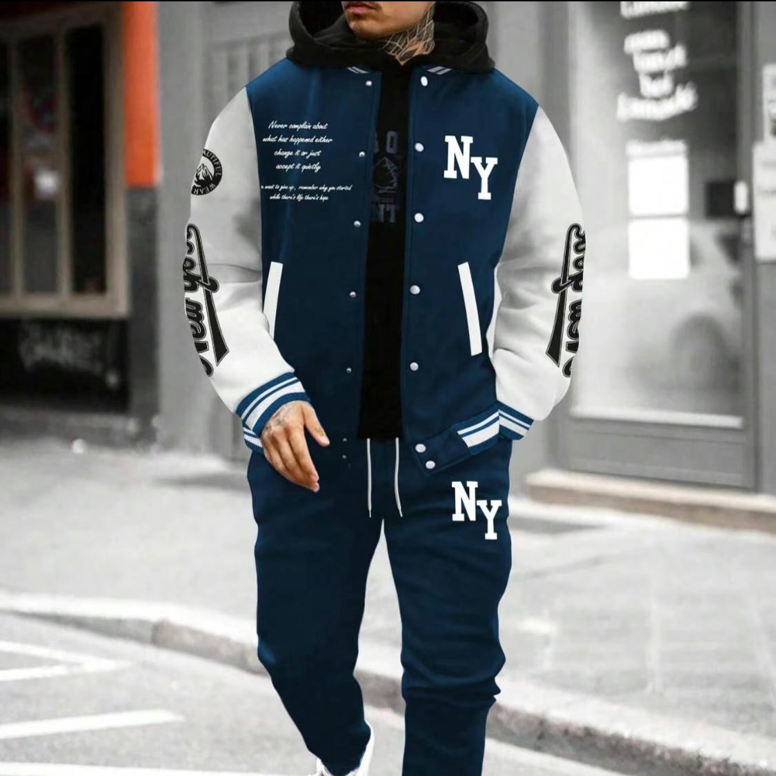 Men’s Slogan Baseball Jacket & Pants Set – Casual Fall/Winter Two-Piece Outfit