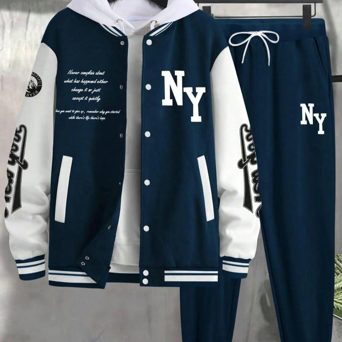 Men’s Slogan Baseball Jacket & Pants Set – Casual Fall/Winter Two-Piece Outfit