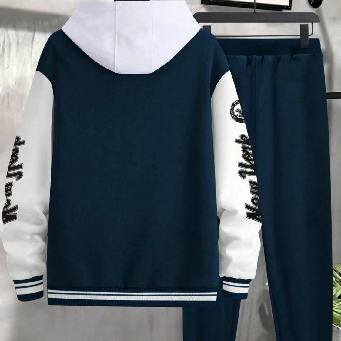 Men’s Slogan Baseball Jacket & Pants Set – Casual Fall/Winter Two-Piece Outfit