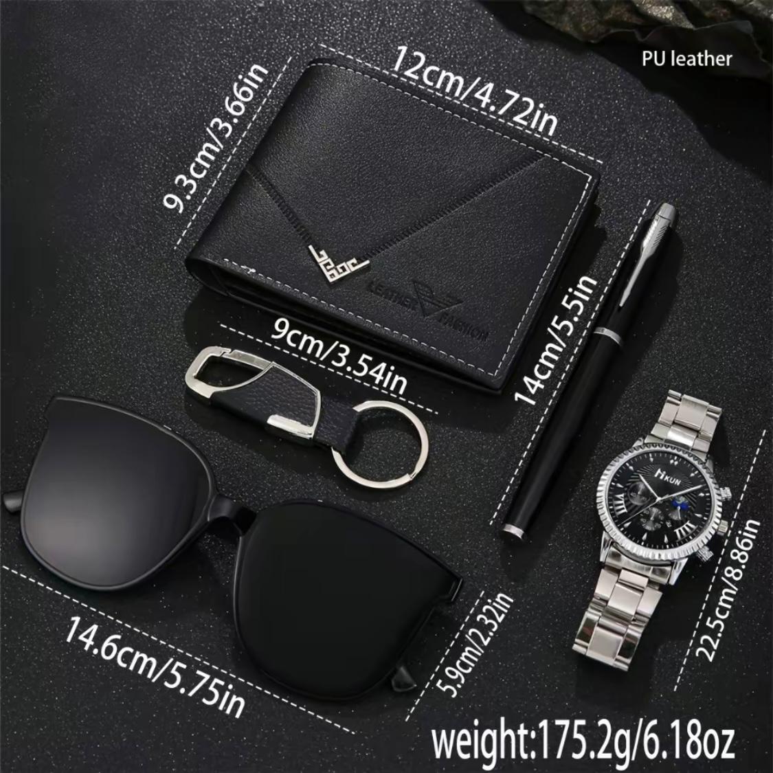 5-Piece Men’s Wallet Gift Set – Faux Leather, Black, with Eyeglass Case & Keychain