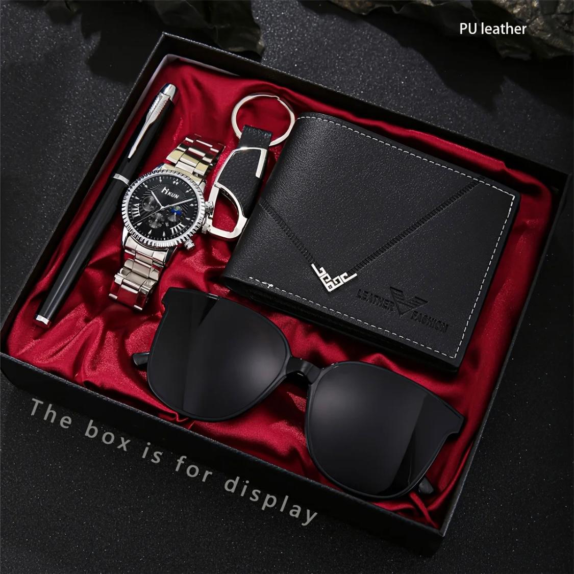 5-Piece Men’s Wallet Gift Set – Faux Leather, Black, with Eyeglass Case & Keychain