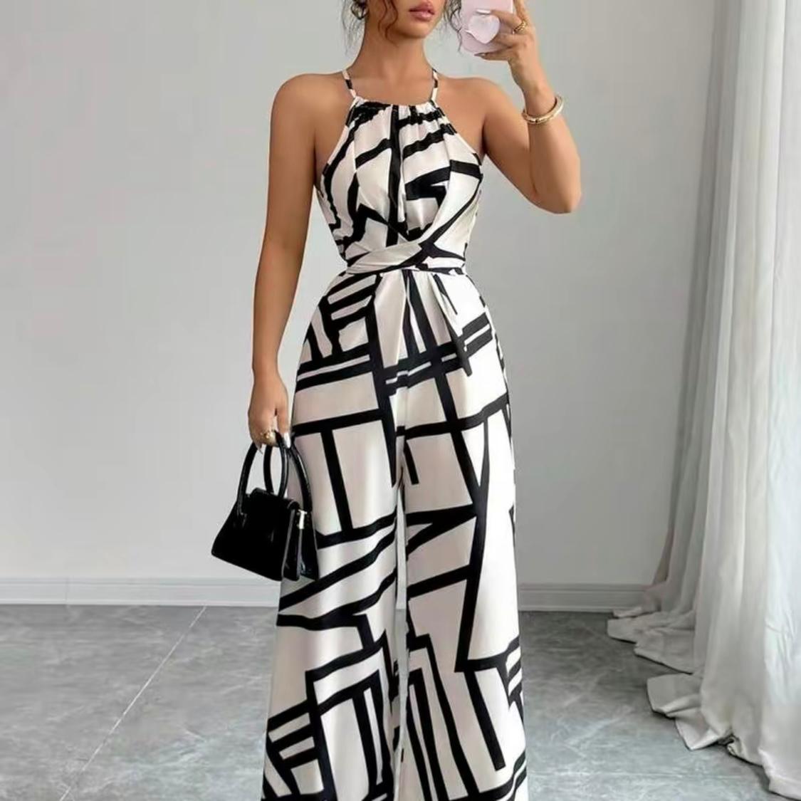 Women’s Ruched Print Halter Jumpsuit – Elegant & Everyday Chic