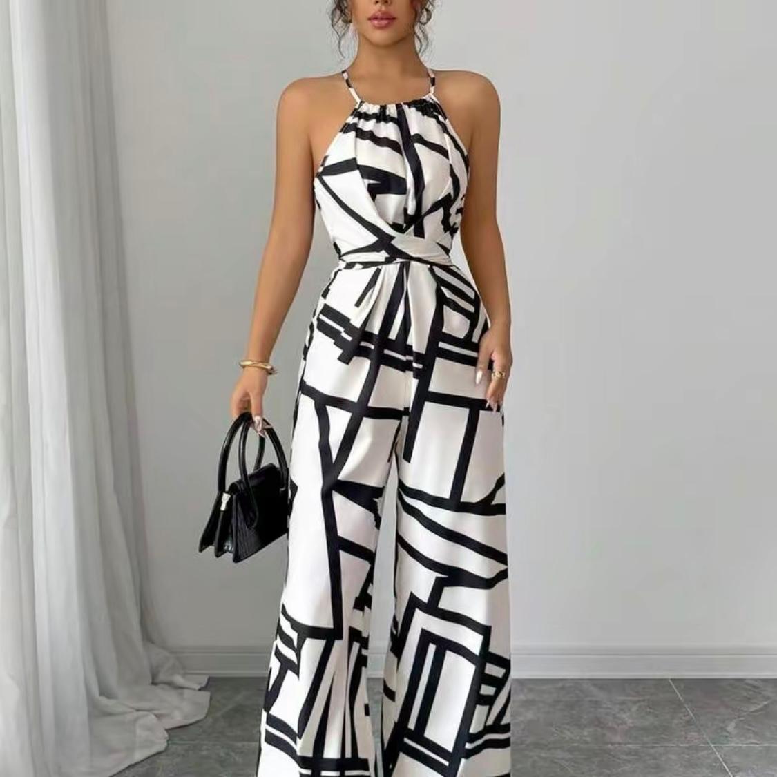 Women’s Ruched Print Halter Jumpsuit – Elegant & Everyday Chic